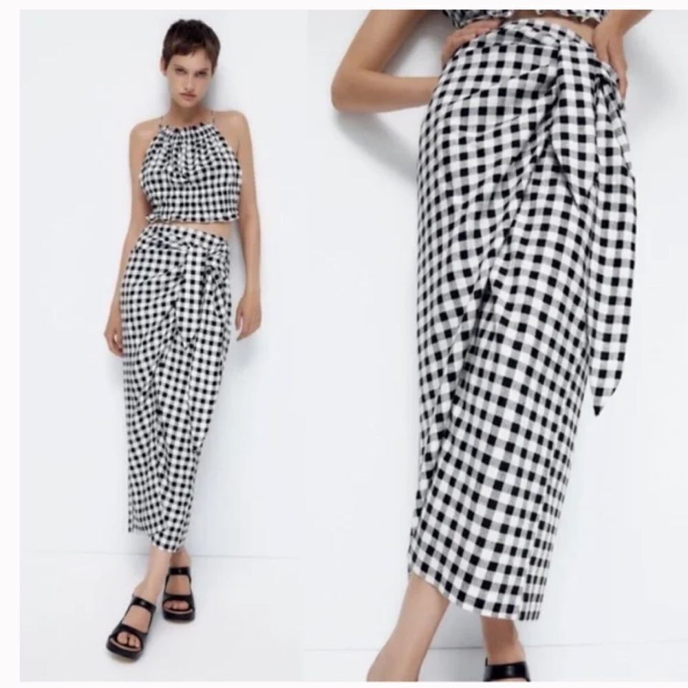 ZARA Blk & White Gingham Check Plaid Linen Blend Faux Wrap Skirt & top set